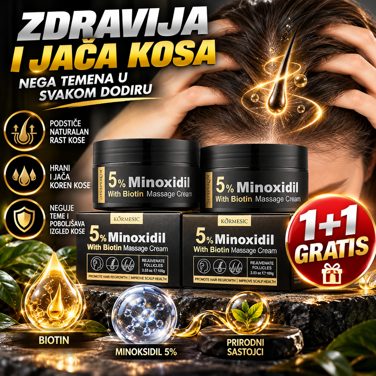 Minoksidil 5% Krema za Kosu sa Biotinom – Nega Temena, 100 g, 1+1 GRATIS