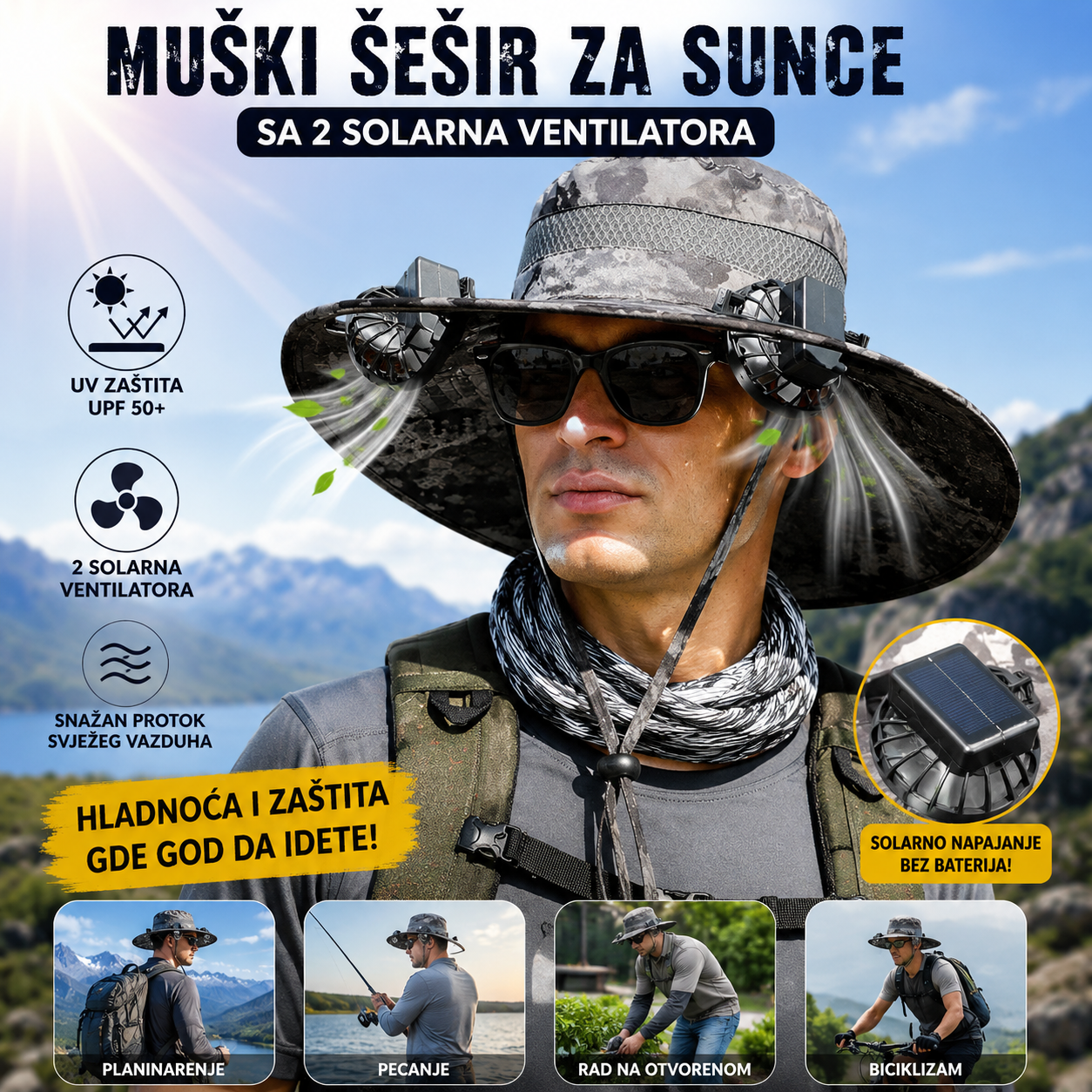 Muški Šešir sa Solarnim Ventilatorima – Lagan, Prozračan i Idealan za Rad na Suncu i Plažu