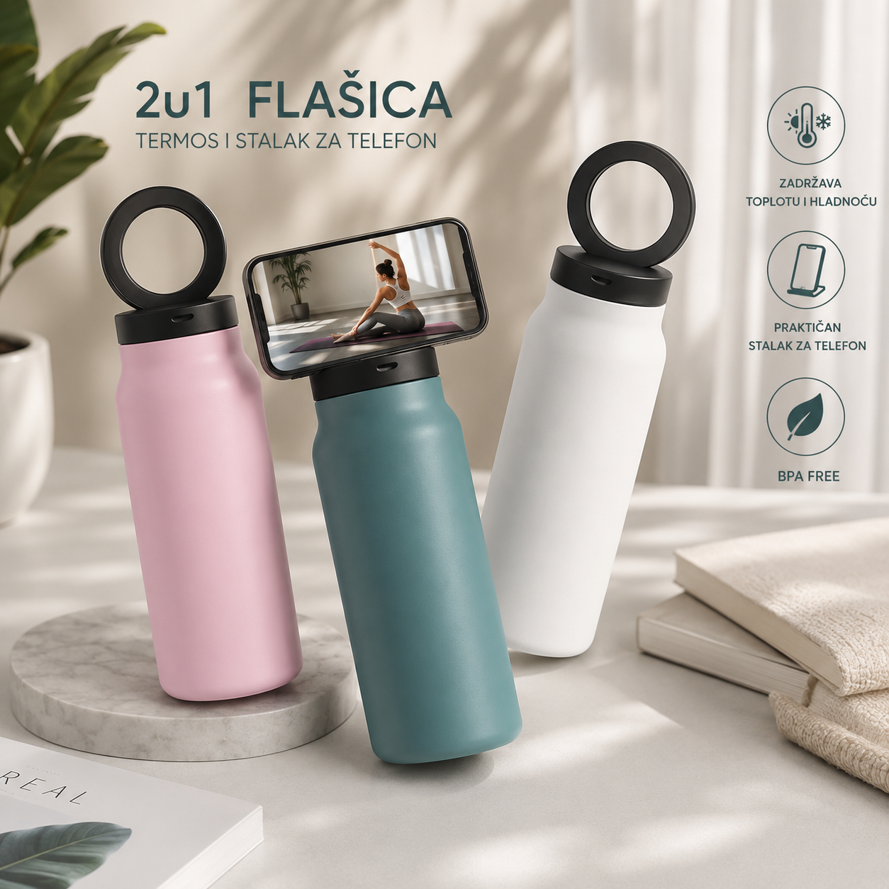 Pametna Termos Flašica 2u1 – Držač za Telefon, Vakum Izolacija, Inox Boca