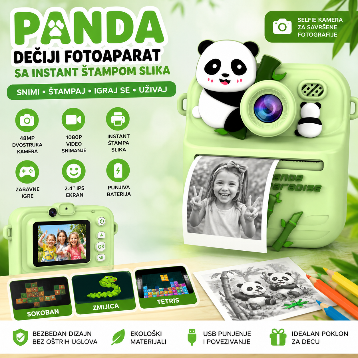 Panda Dečiji Fotoaparat sa Instant Štampom Slika – Selfi Kamera, Video Snimanje i Zabavne Igre za Decu