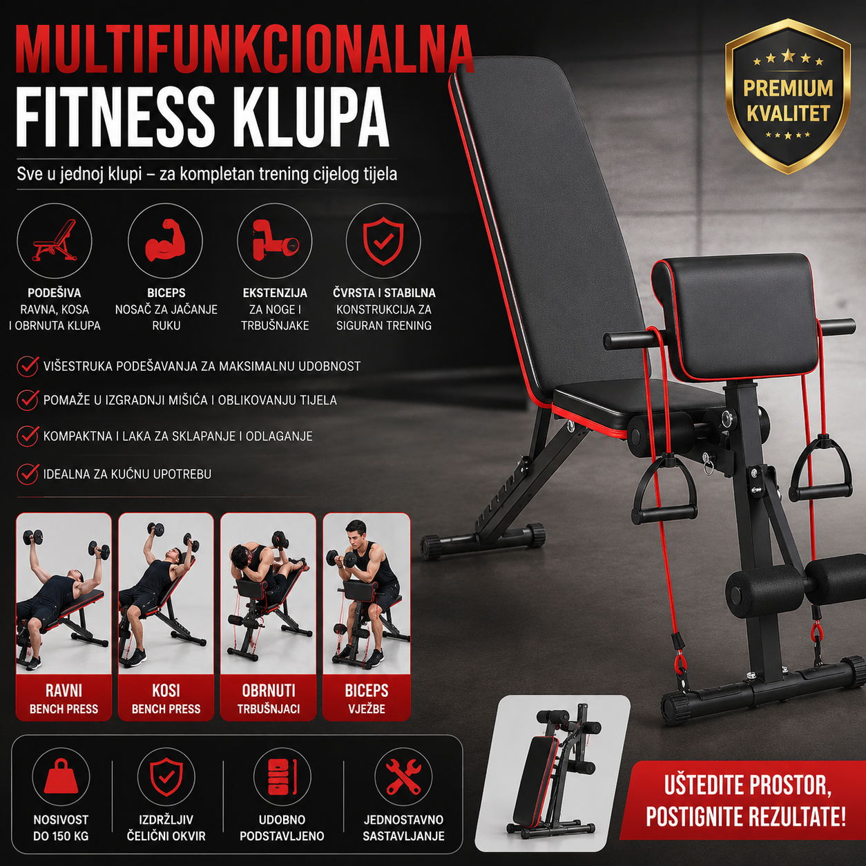 Multifunkcionalna Fitness Klupa za Kućnu Teretanu | 7 Nivoa Podešavanja, Biceps Nosač i Ekstenzija za Noge