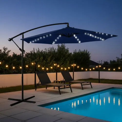 Premium Baštenski Suncobran sa LED Svetlima – Podesivi Nagib i Solarno Napajanje