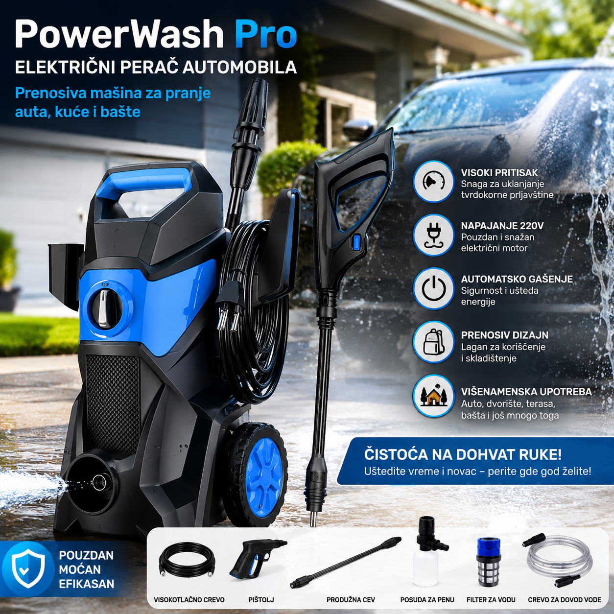 PowerWash PowerWash Pro Električni Perač Automobila – Prenosiva Mašina za Pranje Auta, Kuće i Bašte 220V