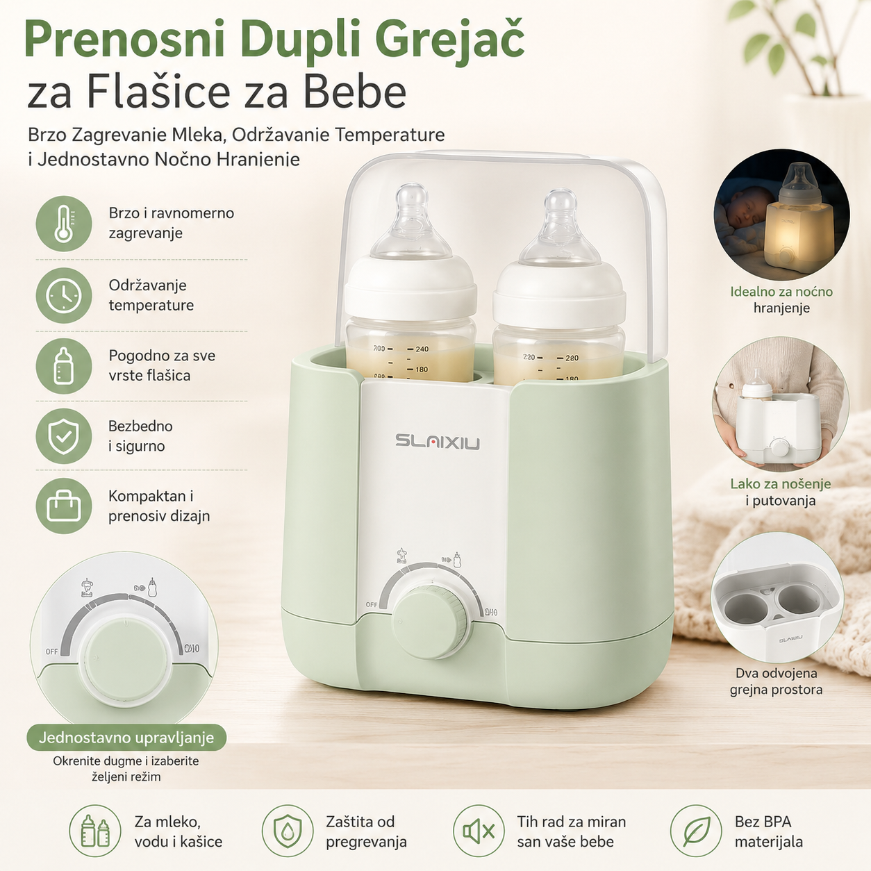 Prenosni Dupli Grejač za Flašice – Brzo Zagrevanje Mleka za Bebe, Održavanje Temperature i Sigurno Hranjenje