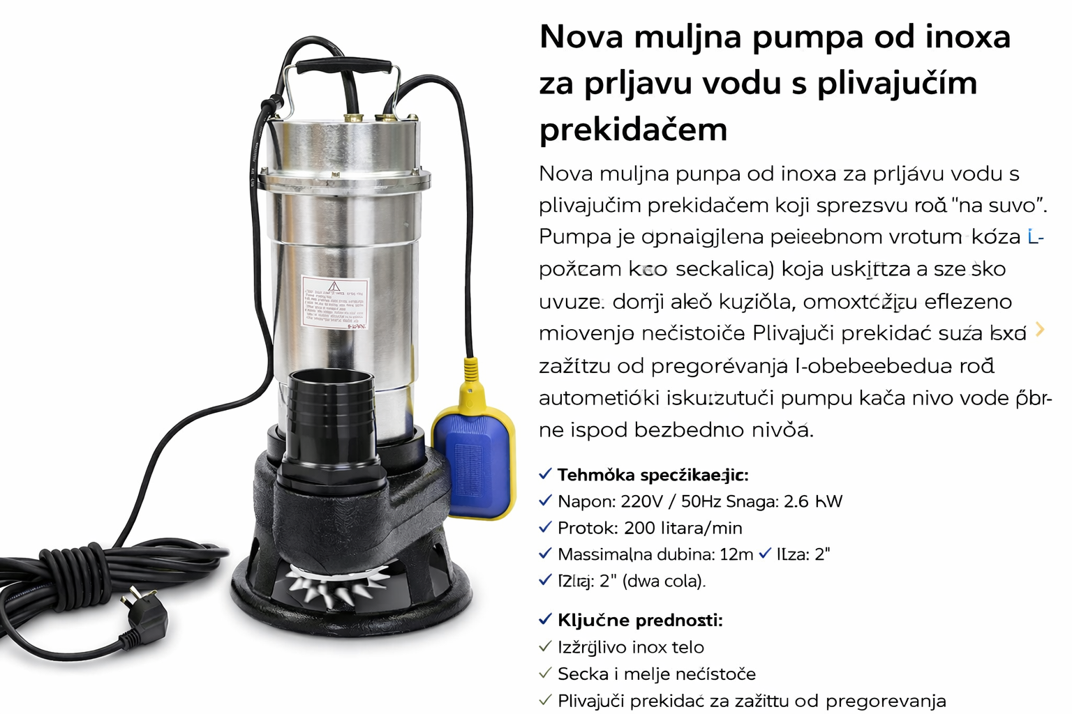Profesionalna Muljna Pumpa za Prljavu Vodu sa Seckalicom – Inox Pumpa 2.6kW Visok Protok
