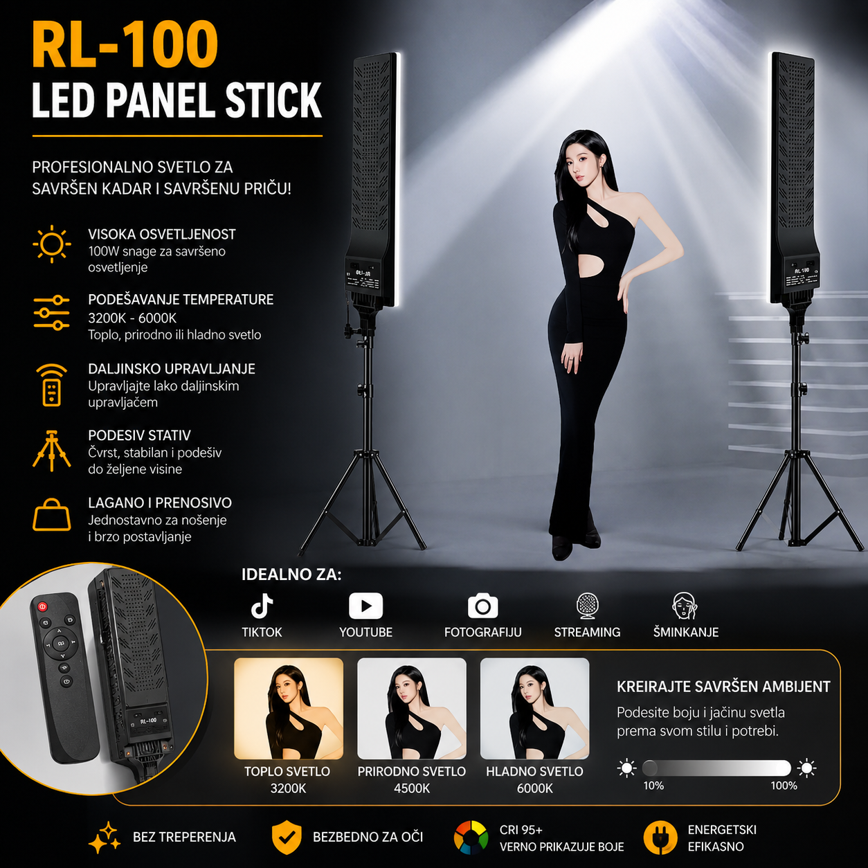 RL-100 LED Panel Stick Svetlo sa Stativom i Daljinskim Upravljačem – Profesionalna Rasveta za TikTok, YouTube, Streaming, Fotografiju i Šminkanje