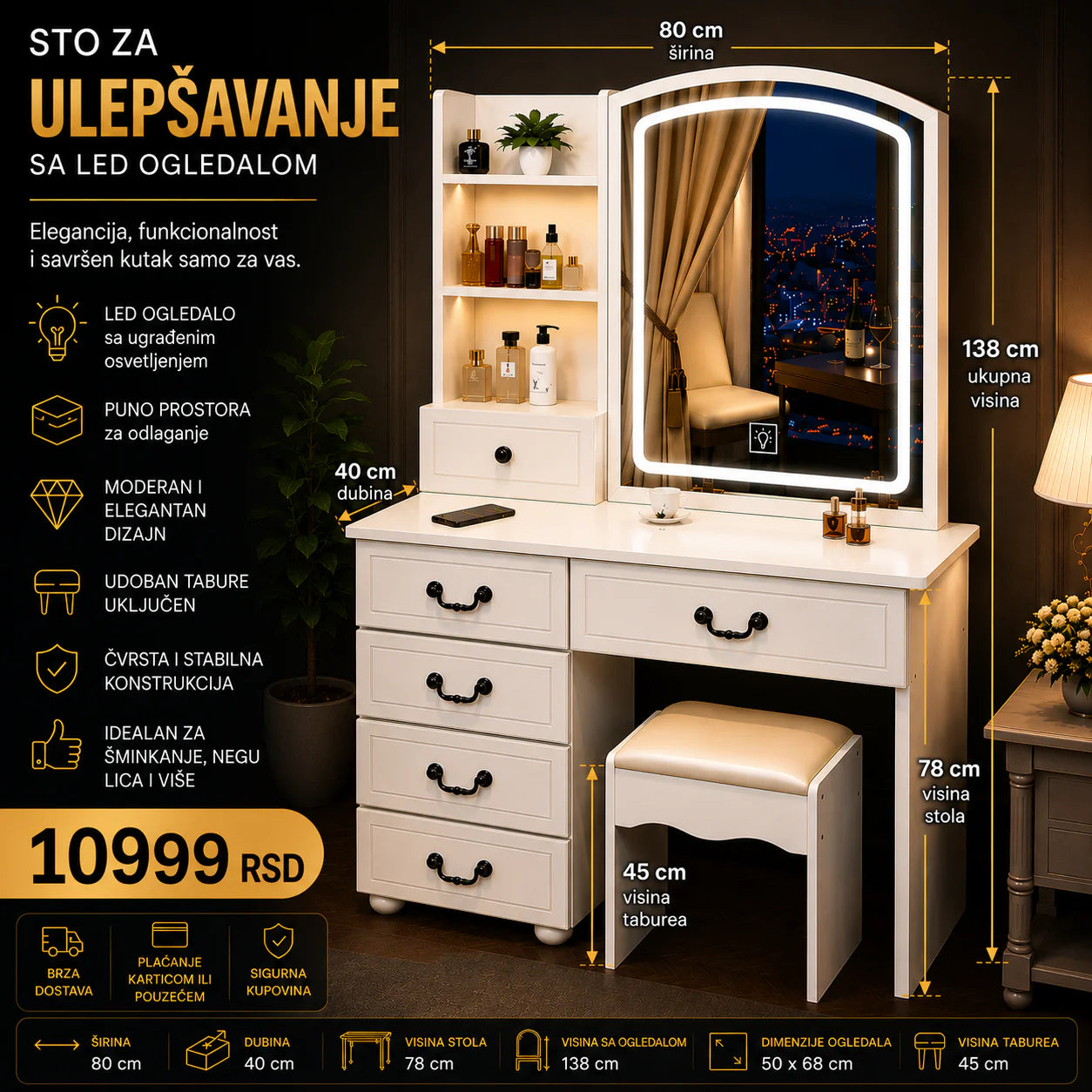 ROYAL Sto za Šminkanje sa LED Ogledalom – Premium Toaletni Sto za Kozmetiku, Nakit i Negu Lica