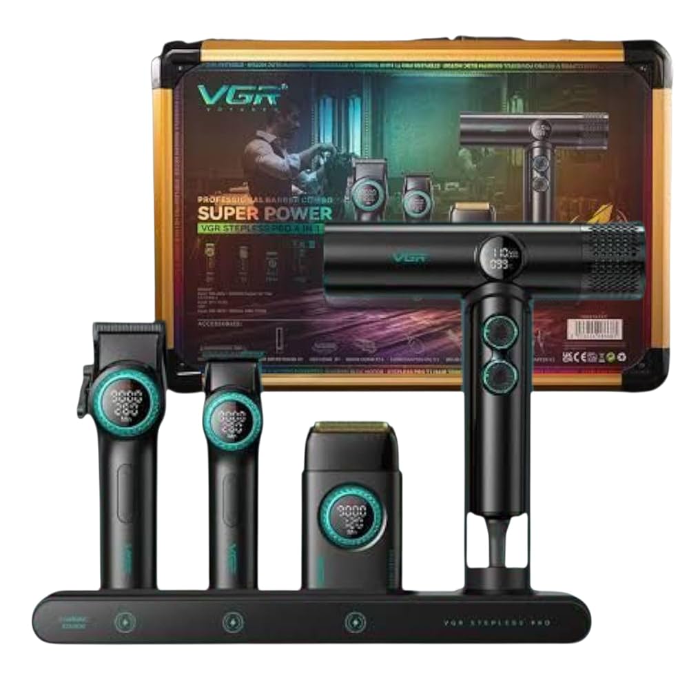 VGR Profesionalni Barber Set 4u1 – Mašinica, Trimer, Foil Brijač i Fen | Bežični Grooming Kit za Muškarce