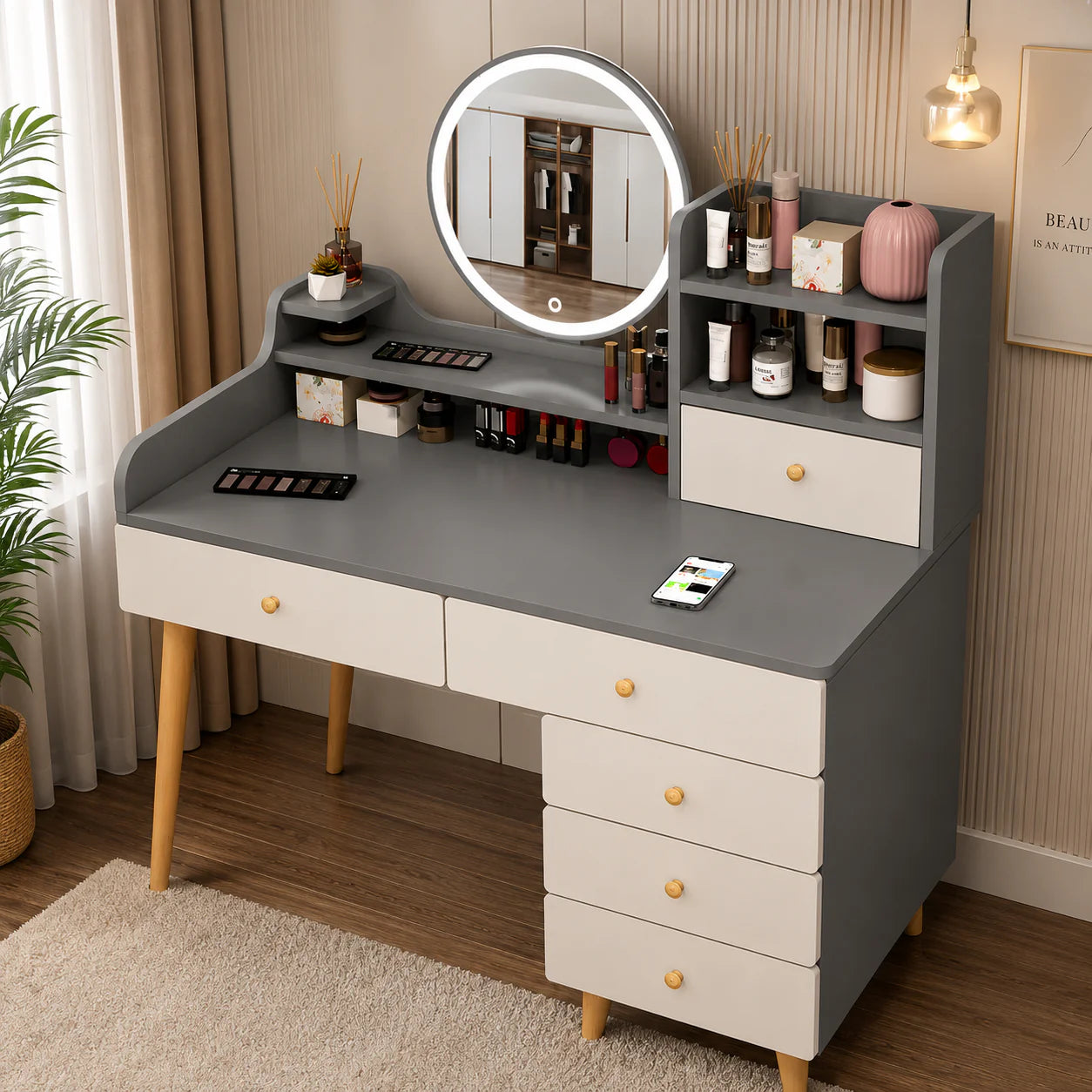 SARA Beauty Sto sa LED Ogledalom – Toaletni Sto sa Organizatorom za Kozmetiku