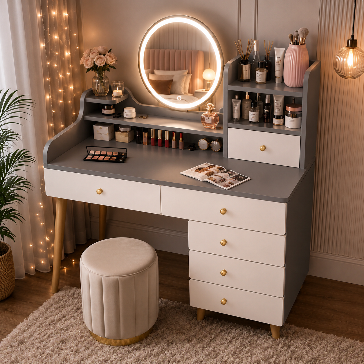 SARA Beauty Sto sa LED Ogledalom – Toaletni Sto sa Organizatorom za Kozmetiku