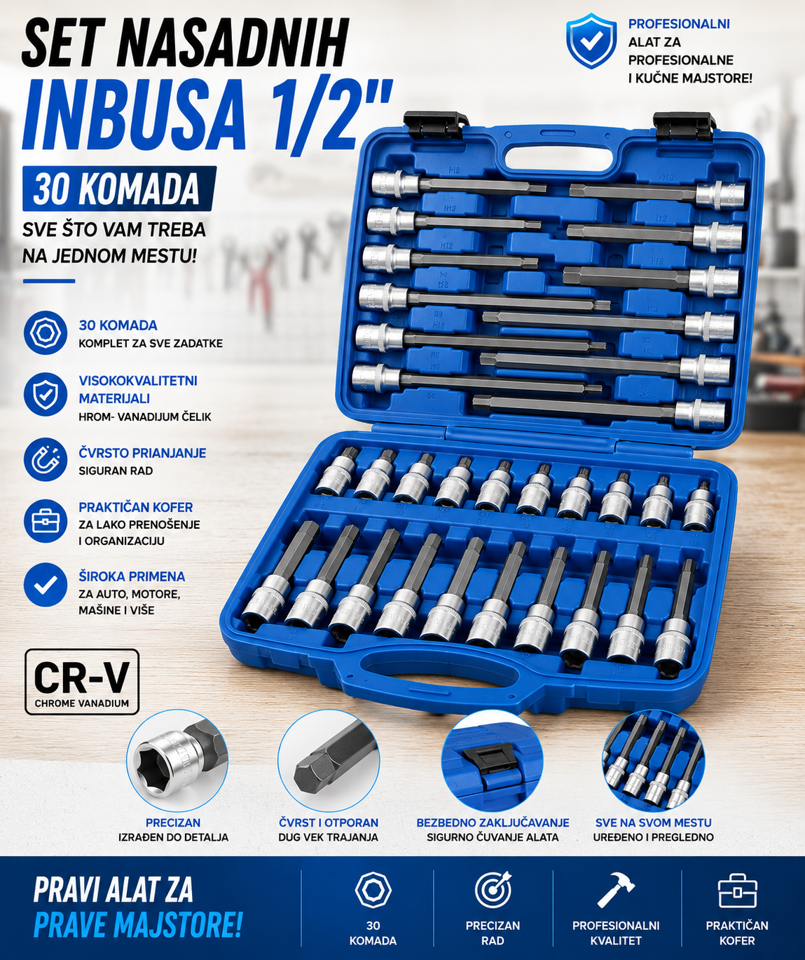 Set Nasadnih Inbusa 1/2" – 30 Komada Profesionalnih Imbus Nastavaka