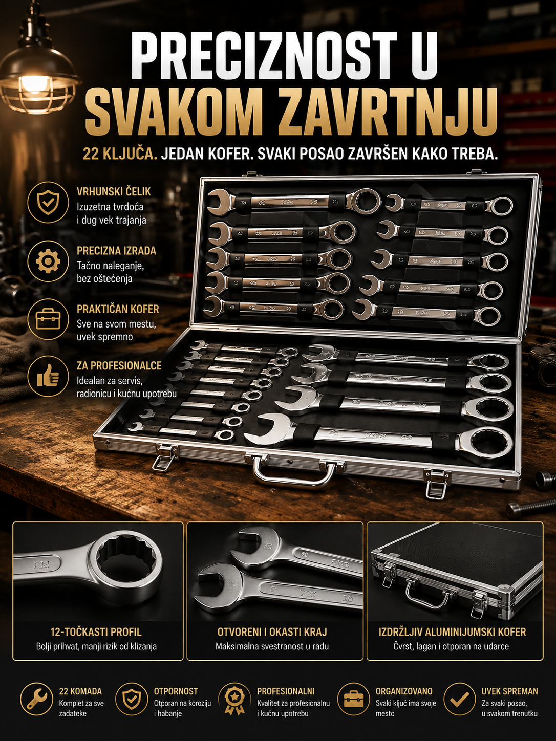 Set Brzih Ključeva 22 Kom (6–32 mm) – Profesionalni Viljuškasto-Okasti Ključevi sa Račnom za Auto i Radionicu
