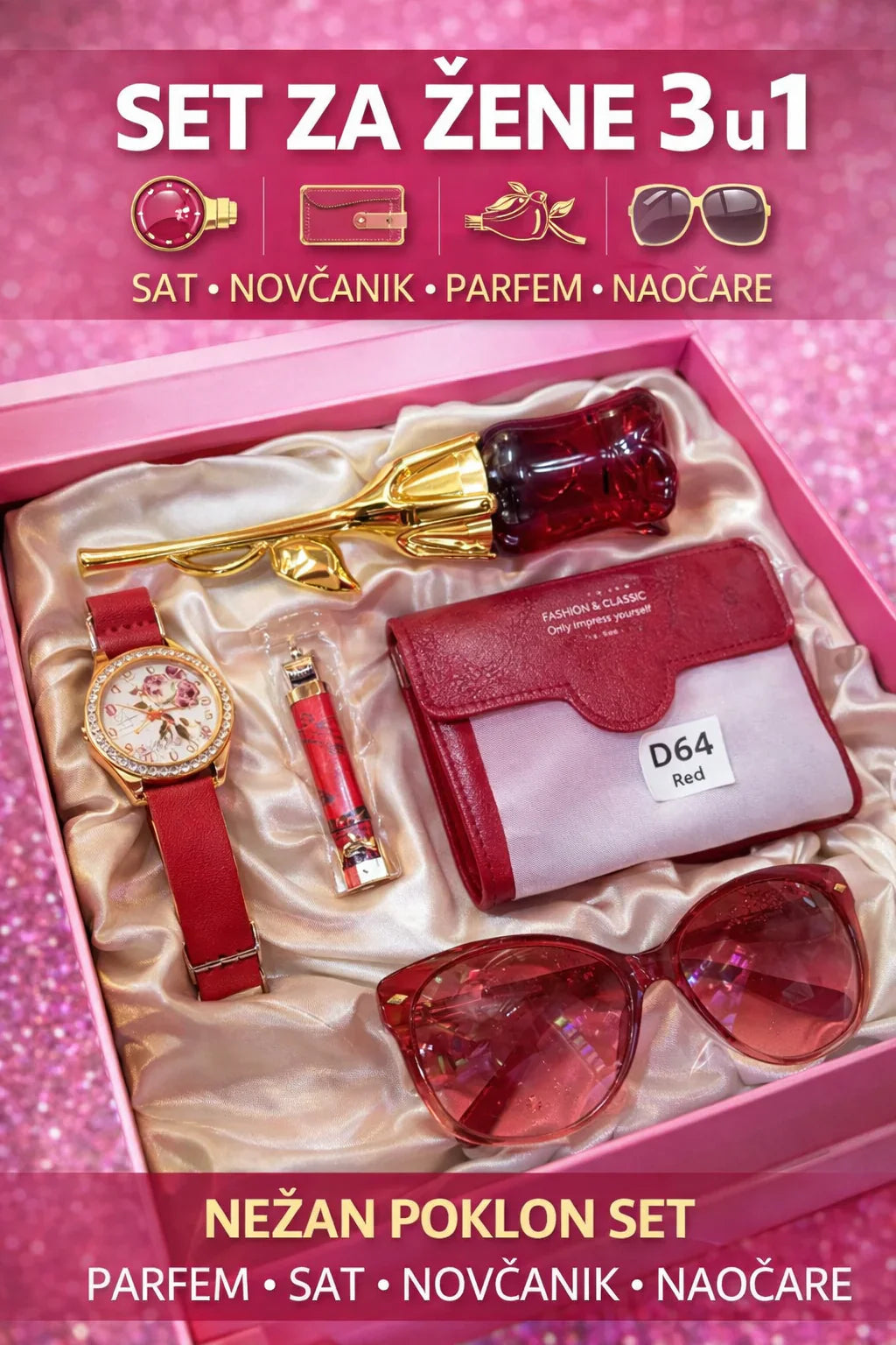 Set za žene 3 u 1 – parfem ruža, sat i novčanik