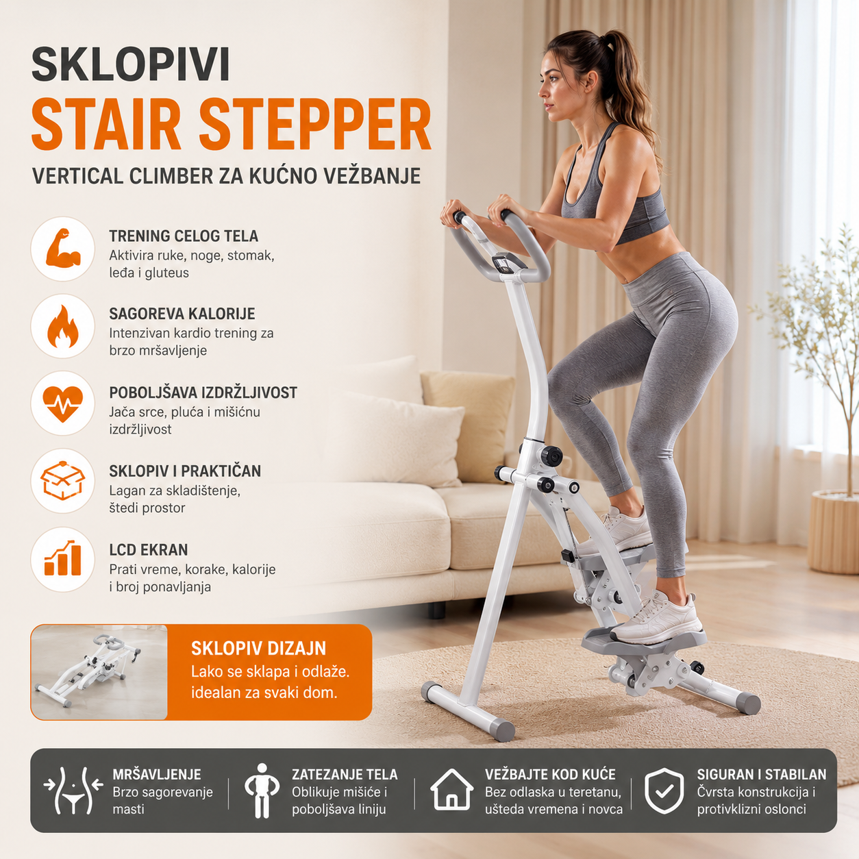 Sklopiva Fitness Sprava za Kućni Trening – Stair Stepper Vertical Climber za Noge, Stomak i Kardio