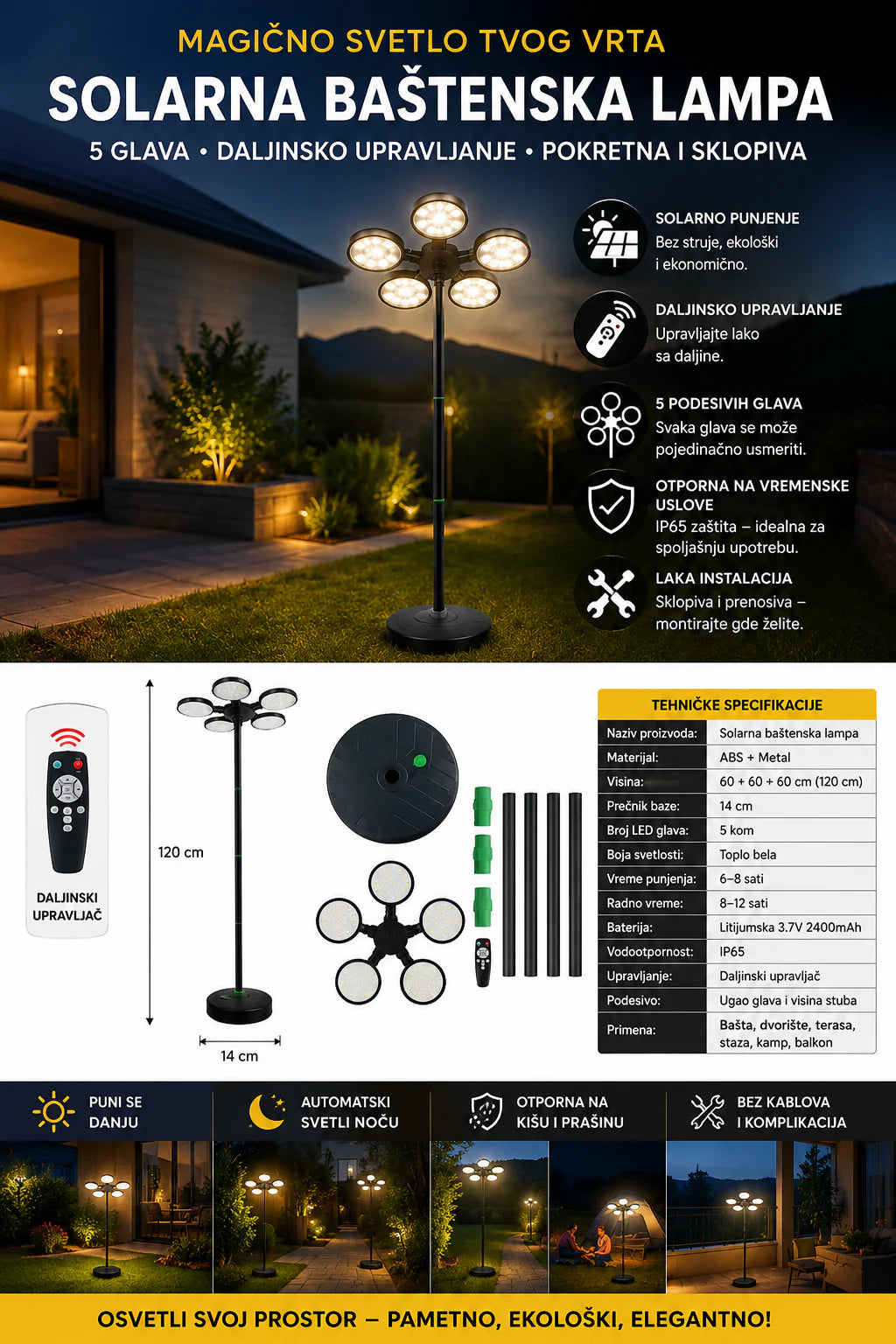 SolarLux 5 LED Solarna Lampa za Baštu – Rotirajuće Osvetljenje sa Daljinskim Upravljačem
