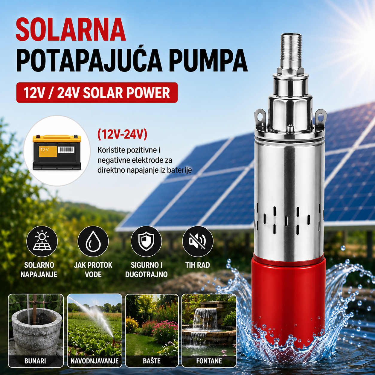 Raketa MUSTANG Mini 12V Solarna Potapajuća Pumpa – Pumpa za Bunar, Rezervoare i Navodnjavanje