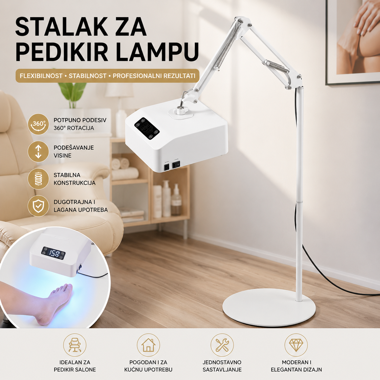 Profesionalni stalak za pedikir lampu sa podesivom visinom i stabilnim postoljem za UV i LED lampe u kozmetičkim salonima i kućnoj upotrebi.