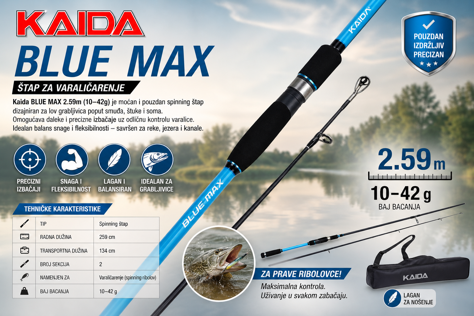 Štap za Varaličarenje Kaida BLUE MAX 2.59m 10–42g – Snažan i Precizan Spinning Štap
