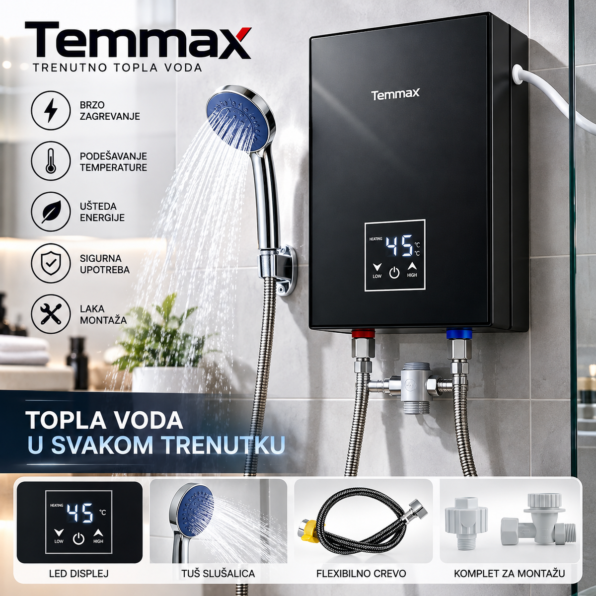 Temmax Protočni Električni Bojler – Kompaktni Bojler za Brzo Zagrejavanje Vode