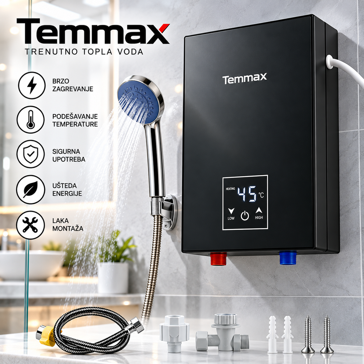 Temmax Protočni Električni Bojler – Kompaktni Bojler za Brzo Zagrejavanje Vode