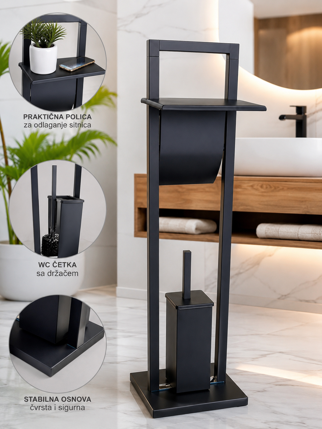 Toaletni Set sa WC Četkom i Držačem Toalet Papira – Elegantni Crni Kupatilski Organizer sa Praktičnom Policom