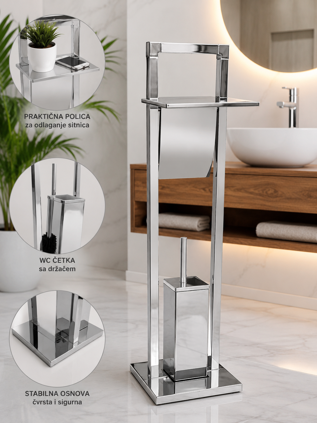 Toaletni Set sa WC Četkom i Držačem Toalet Papira – Elegantni Crni Kupatilski Organizer sa Praktičnom Policom