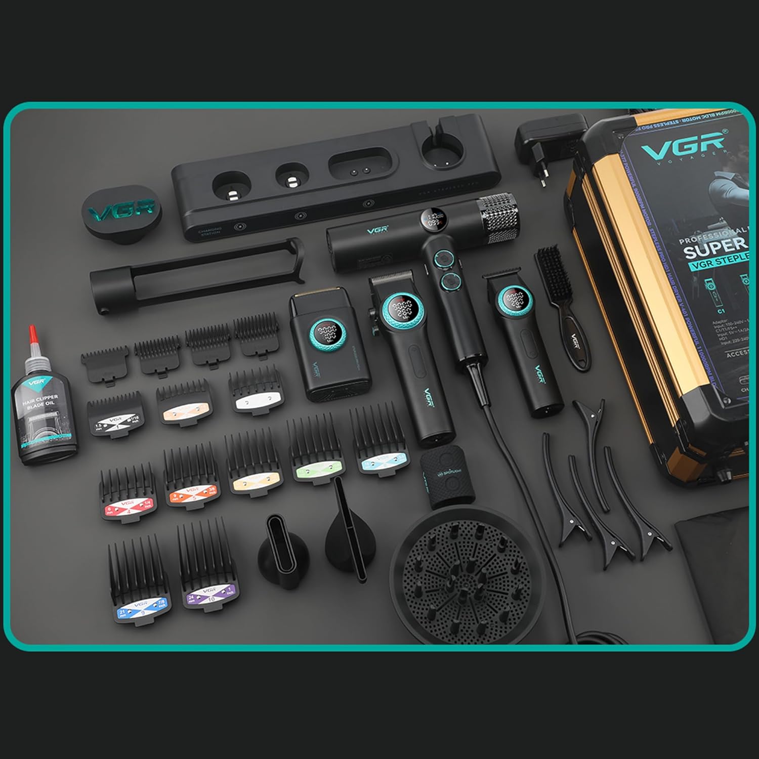 VGR Profesionalni Barber Set 4u1 – Mašinica, Trimer, Foil Brijač i Fen | Bežični Grooming Kit za Muškarce