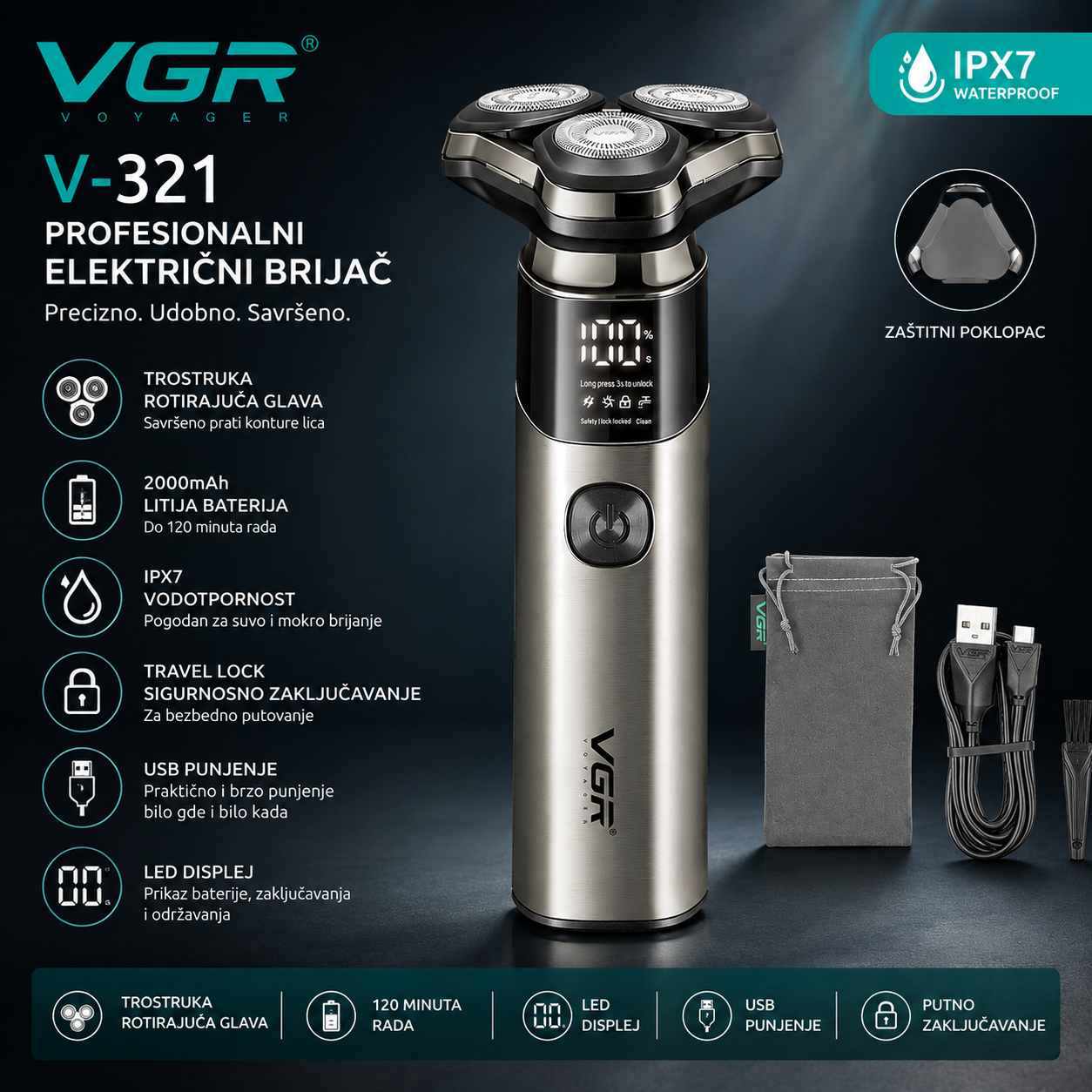 VGR V-321 Prenosivi Električni Brijač sa Trostrukim Rotirajućim Glavama