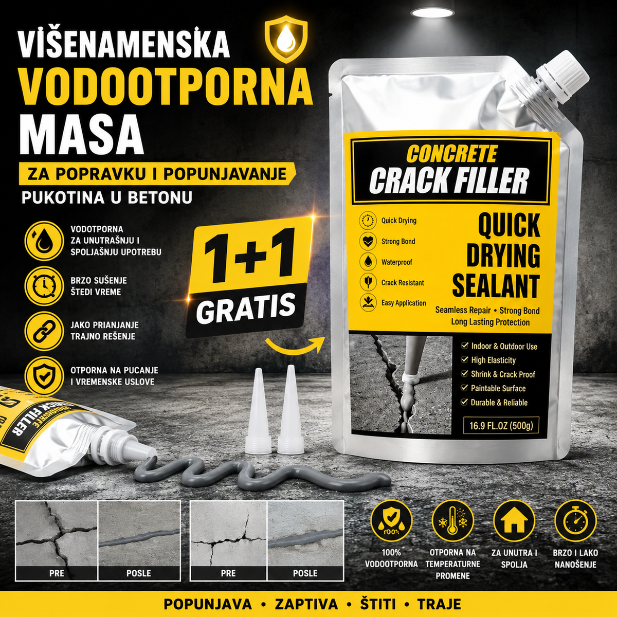 Višenamenski vodootporni zaptivač za popravku pukotina u betonu – Crack Filler