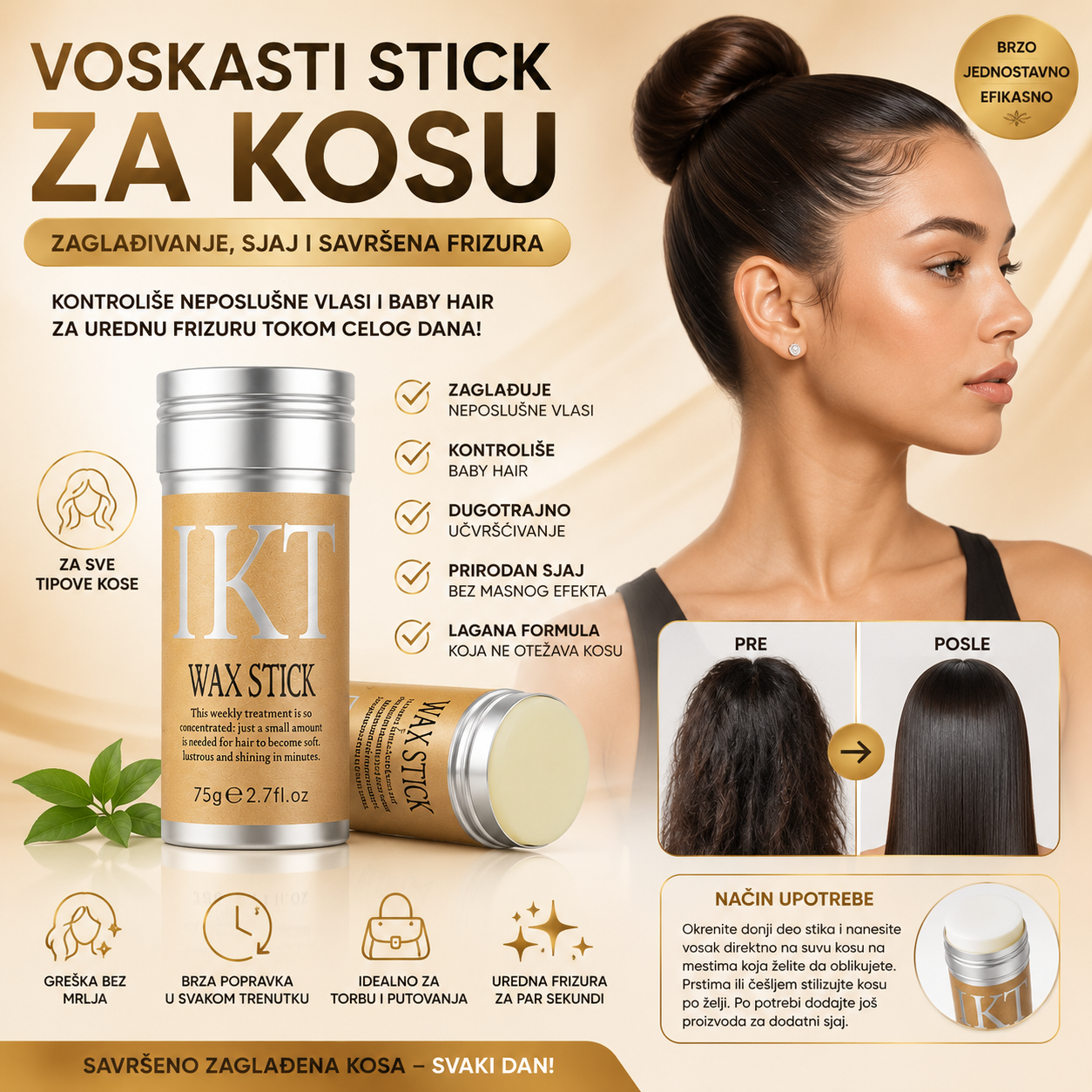 Voskasti Stick za Kosu – Zaglađivanje Neposlušnih Vlasi, Baby Hair i Dugotrajno Učvršćivanje Frizure 1+1 Gratis
