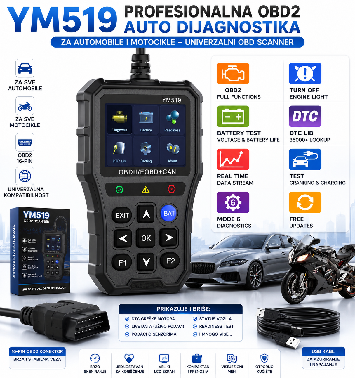 YM519 Auto Dijagnostika OBD2 za Automobile i Motocikle – Profesionalni Dijagnostički Uređaj