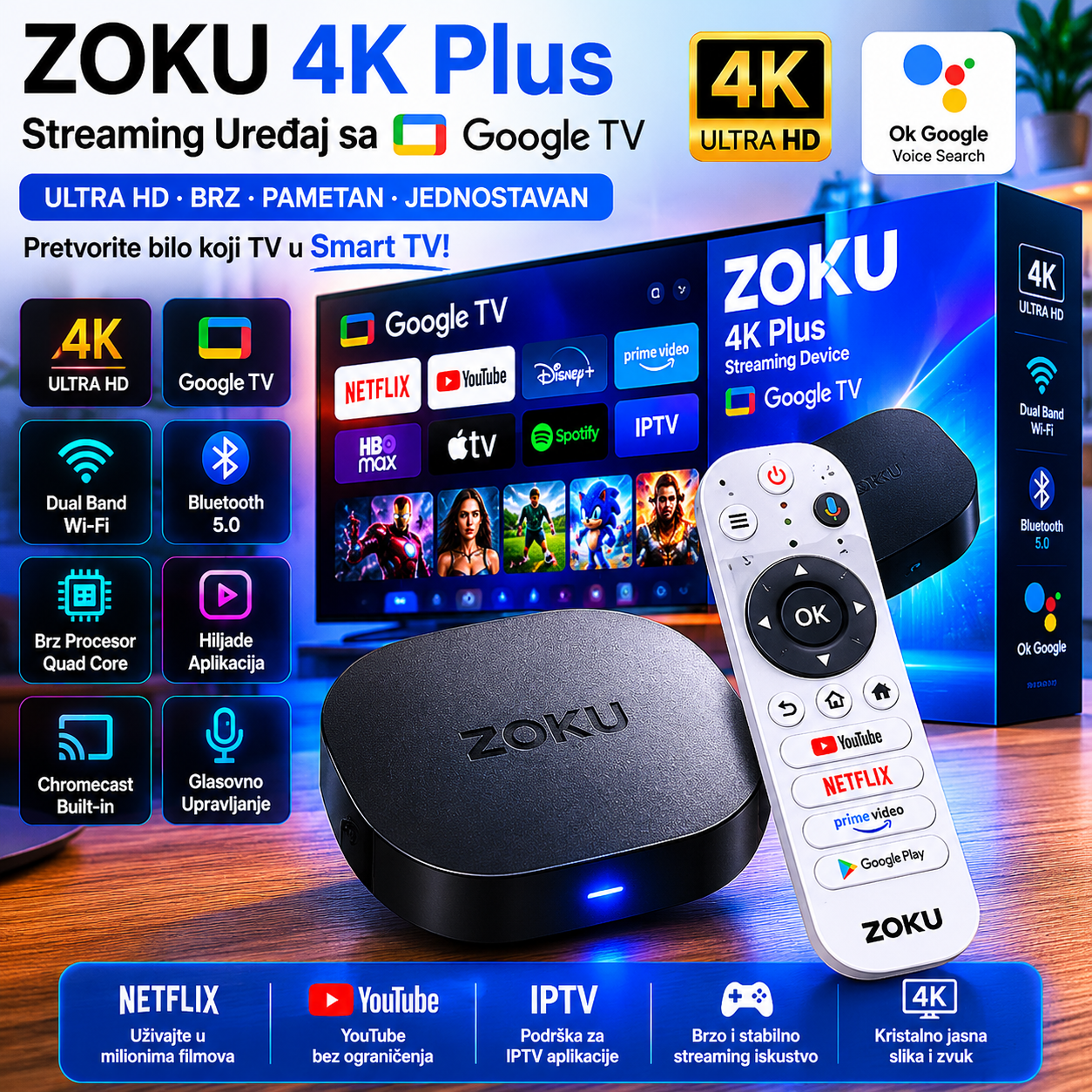 ZOKU 4K Plus Google TV Box – 4K Ultra HD Streaming Uređaj sa Google TV Platformom, Wi-Fi, Glasovnom Kontrolom i Hiljadama Aplikacija