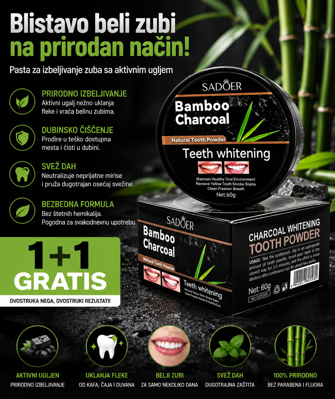 Aktivni Ugalj Pasta za Izbeljivanje Zuba – Prirodna Nega Osmeha 1+1 GRATIS