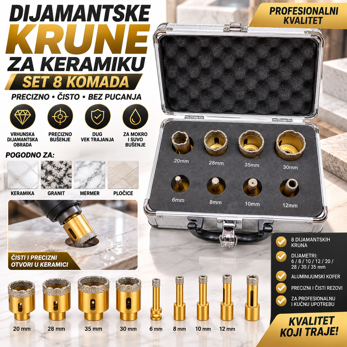Dijamantske Krune za Keramiku – Set 8 Komada za Precizno Bušenje Pločica, Granita i Mermera