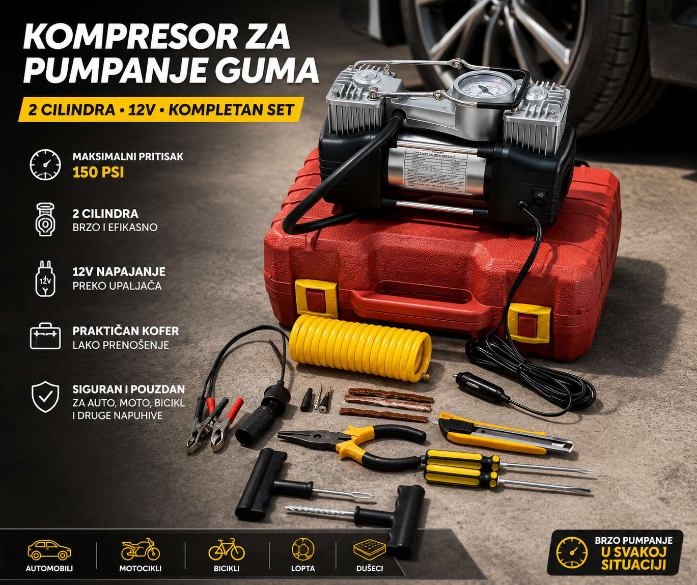 Auto Kompresor 12V sa 2 Cilindra – Brza Pumpa za Gume sa Priborom i Koferom