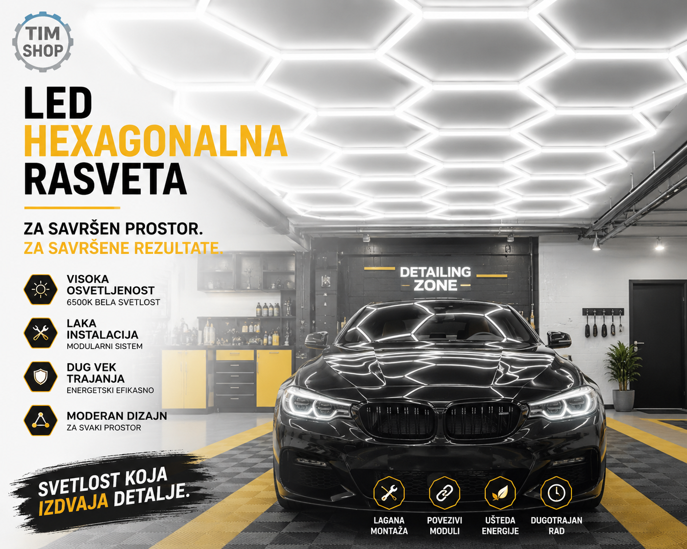 LED Hexagonalna Rasveta za Garažu 168W – Plafonska Rasveta za Auto Detailing