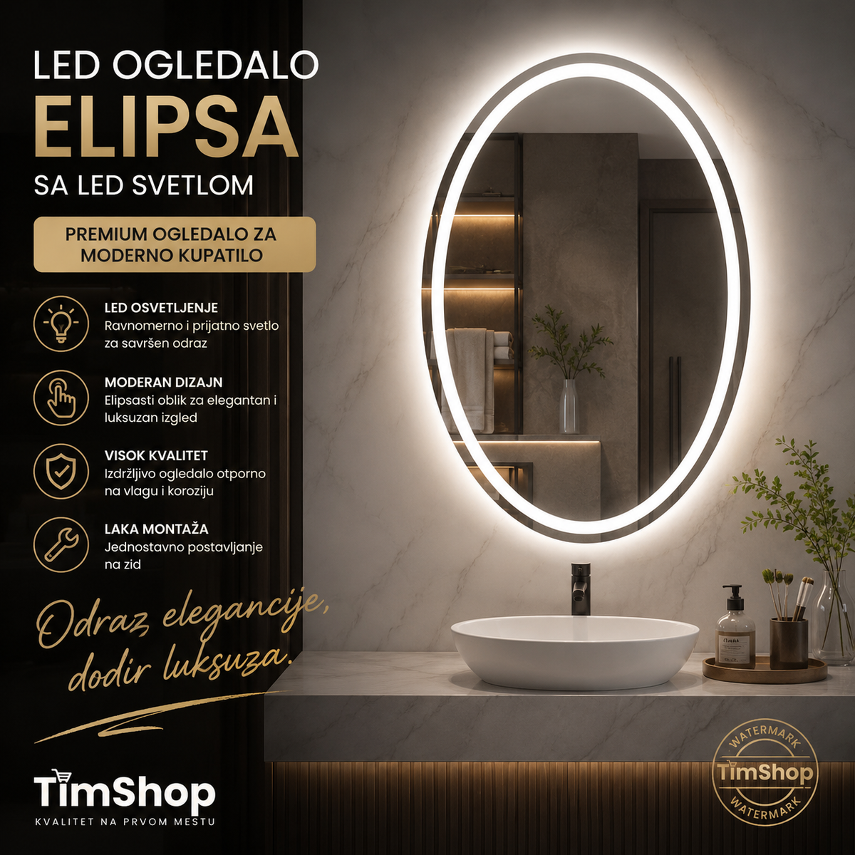 LED Ogledalo Elipsa sa Grejačem protiv Magljenja i LED Svetlom 50 × 70 cm