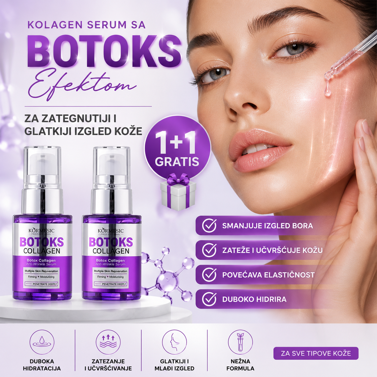 Kolagen Serum sa Botoks Efektom – Serum za Zategnutiji i Glatkiji Izgled Kože | 1+1 GRATIS
