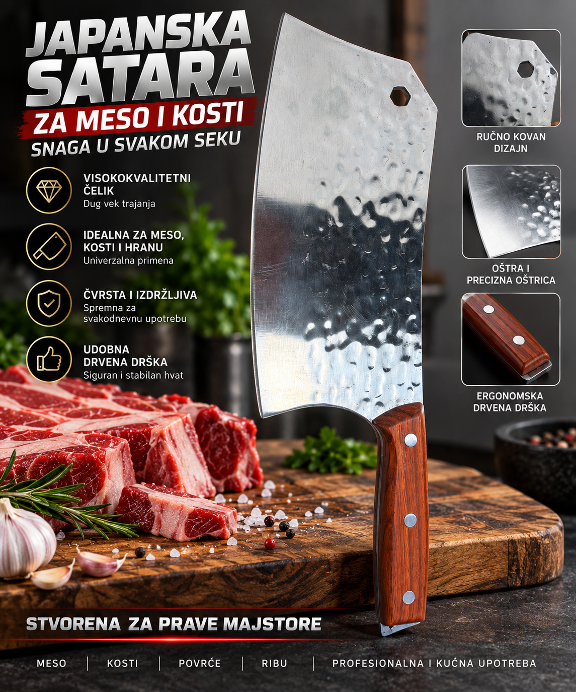 Japanska Satara za Meso i Kosti – Profesionalna Satara sa Drvenom Drškom