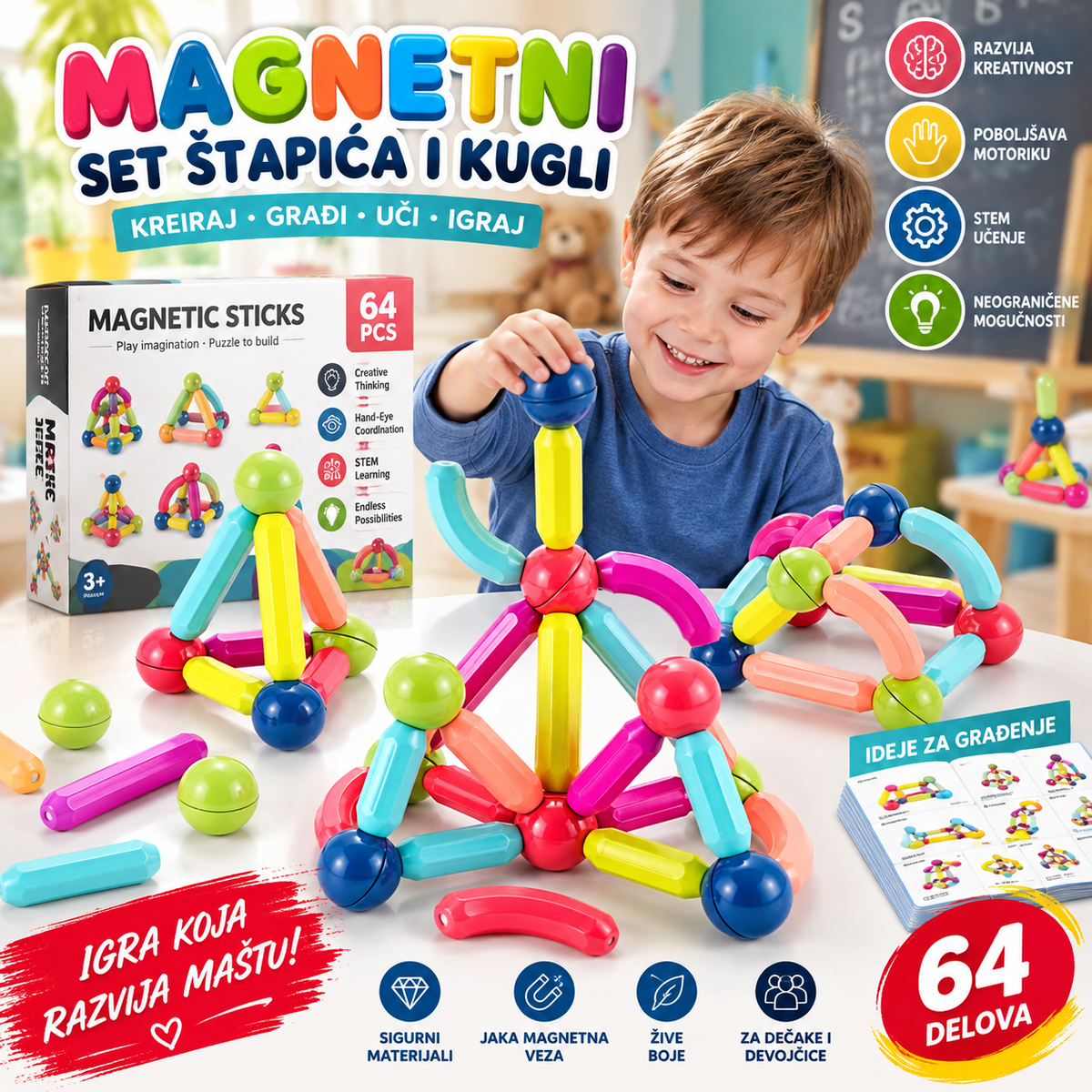 Magnetni Set Štapića i Kugli 64 Delova – Magnetne Kocke za Kreativnu Gradnju i Sklapanje