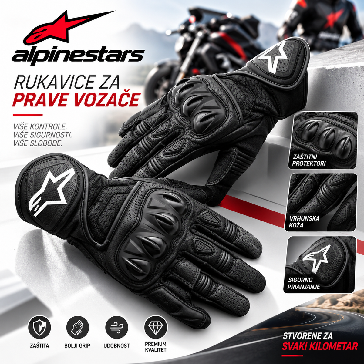 Alpinestars Kožne Rukavice za Motor – Crne Moto Rukavice sa Protektorima