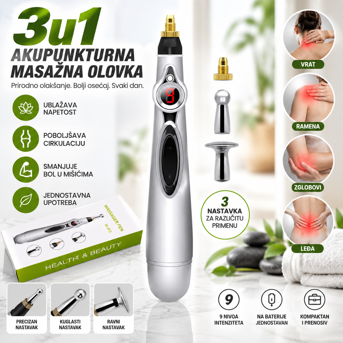 3u1 Akupunkturna Masažna Olovka – Električni Stimulator za Akupunkturu, Masažu i Opuštanje Mišića