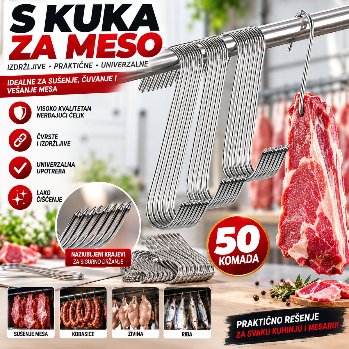 S Kuke za Meso 50 Komada – Metalne Kuke za Kačenje Mesa, Kobasica i Suhomesnatih Proizvoda