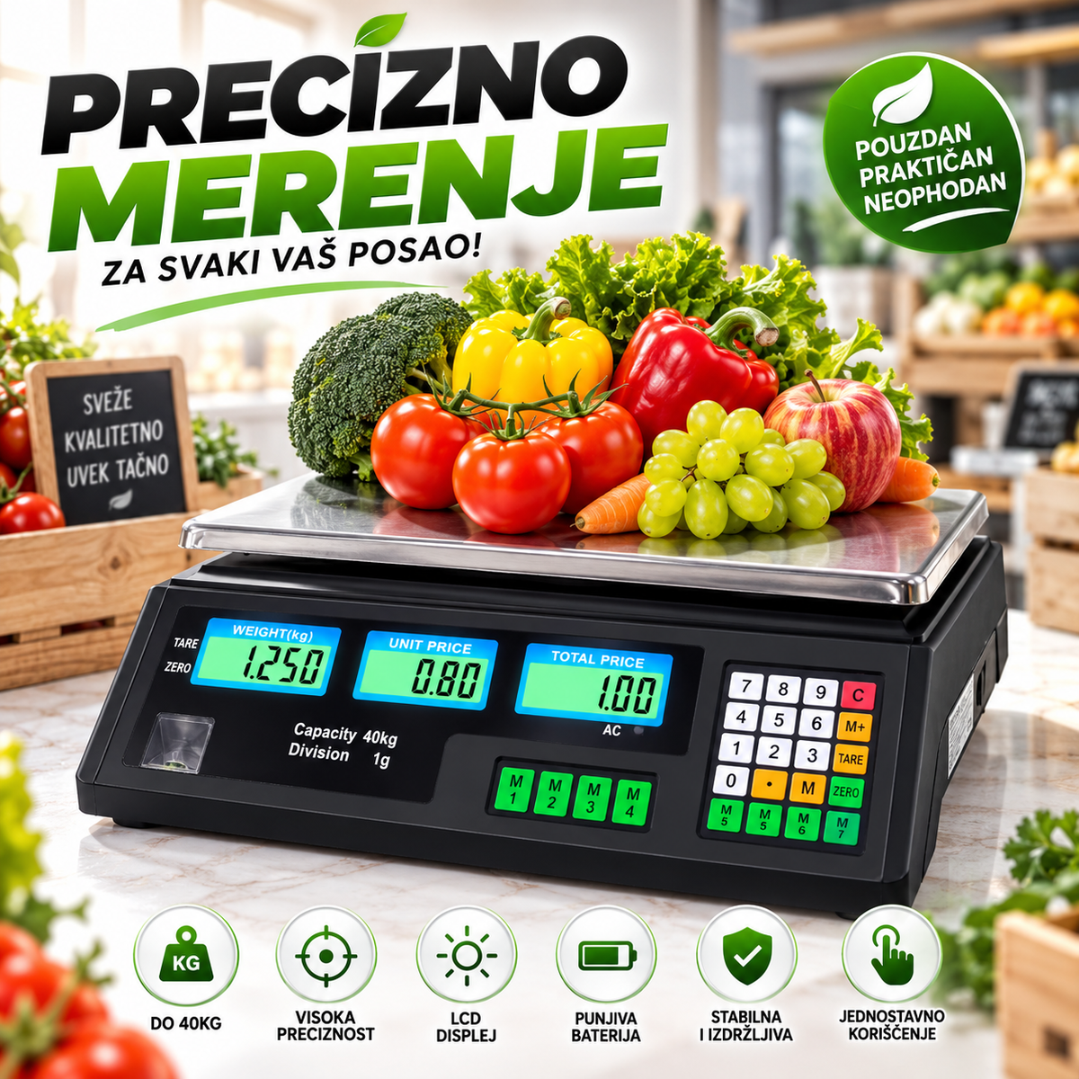 Digitalna Vaga 40kg – Precizna Elektronska Vaga 0–40kg | LCD Displej, Za Pijacu, Radnju i Domaćinstvo