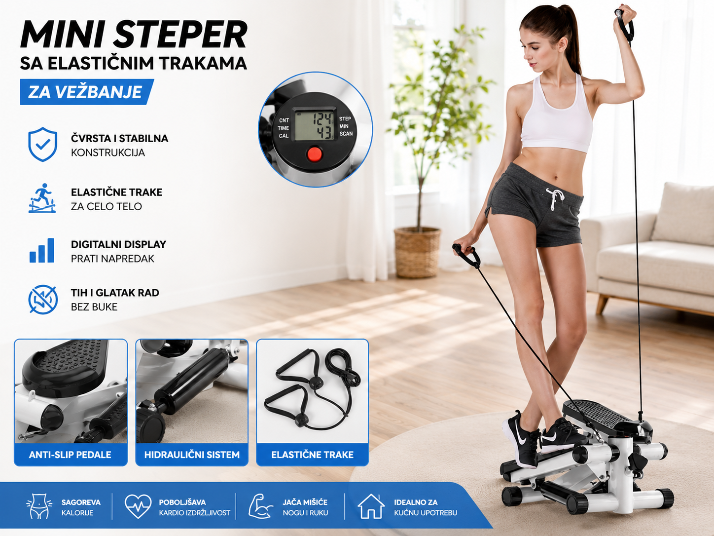 Pametni Mini Steper sa Trakama za Vežbanje – Fitness Sprava za Kućni Kardio Trening