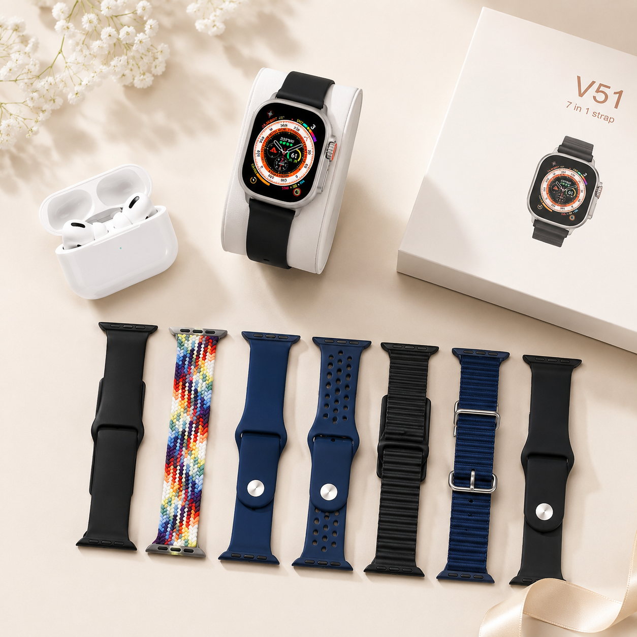 Pametni sat V51, V51 smart watch, smart sat, pametni sat, smartwatch, bluetooth sat, sat sa slušalicama, pametni sat sa slušalicama, 7 narukvica, set sa 7 narukvica, bluetooth pozivi, handsfree pozivi, sportski sat, fitness sat, health watch, monitor otkucaja srca, praćenje pulsa, merenje krvnog pritiska, merenje kiseonika u krvi, SpO2, praćenje sna, pedometar, brojanje koraka, kalorije, sportski režimi, IP67, vodootporni sat, Android kompatibilan, iPhone kompatibilan, Bluetooth 5.0, ekran osetljiv na dodir
