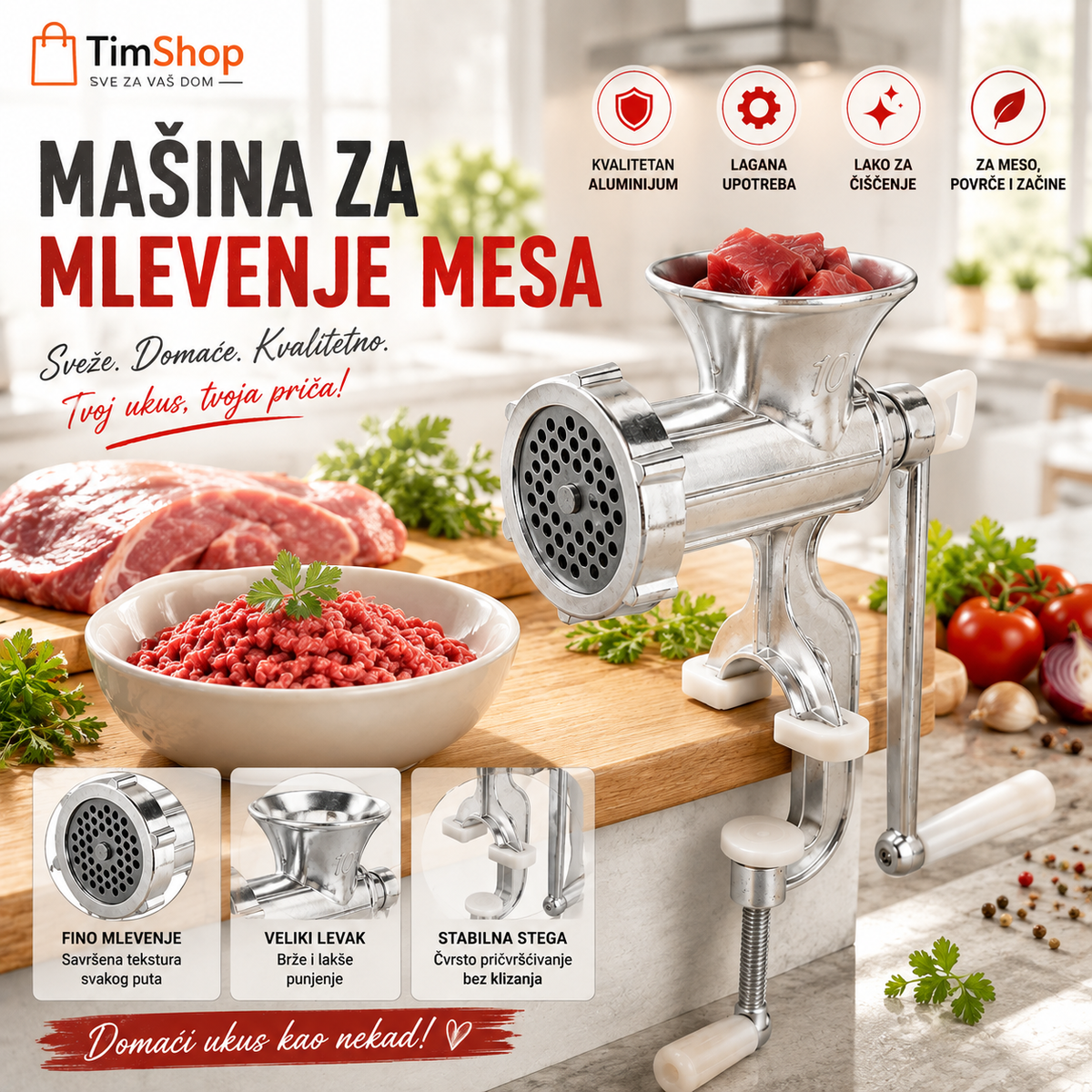mašina za mlevenje mesa, ručna mašina za meso, ručni mlin za meso, mlin za meso, aparat za mlevenje mesa, ručni aparat za meso, seckanje mesa, mlevenje mesa, kuhinjski aparat, kuhinjski pribor, oprema za kuhinju, ručna mašina, mašina sa ručicom, priprema mesa, domaće mleveno meso, kućna upotreba, meso, kuhinjska oprema