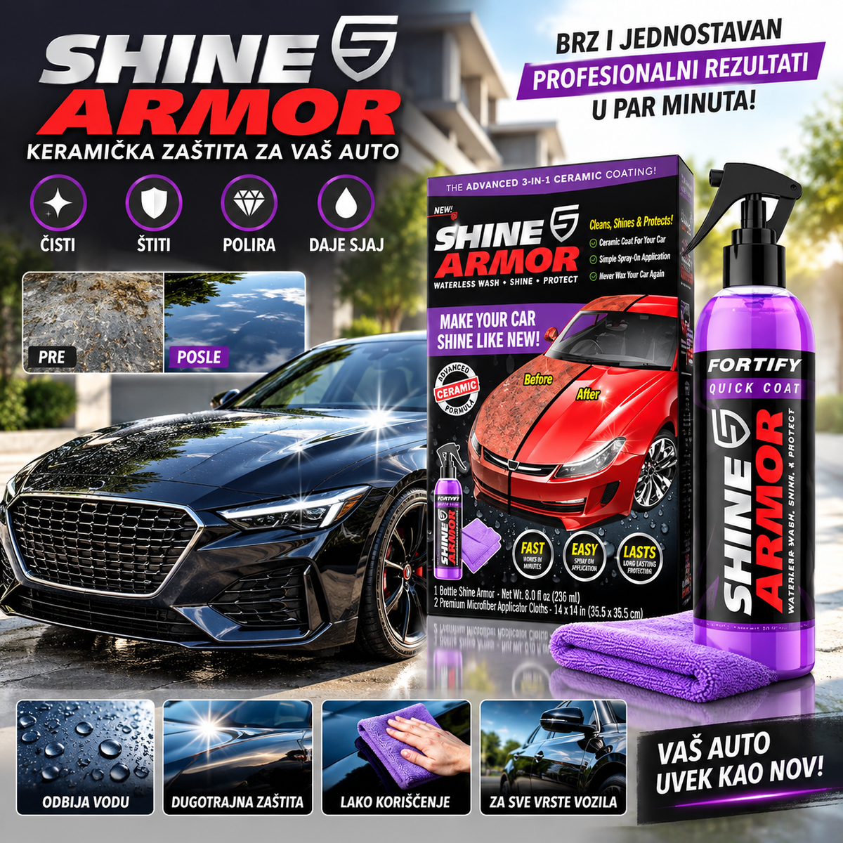 Shine Armor Sprej za Auto – Keramička Zaštita, Pranje, Poliranje i Sjaj Automobila