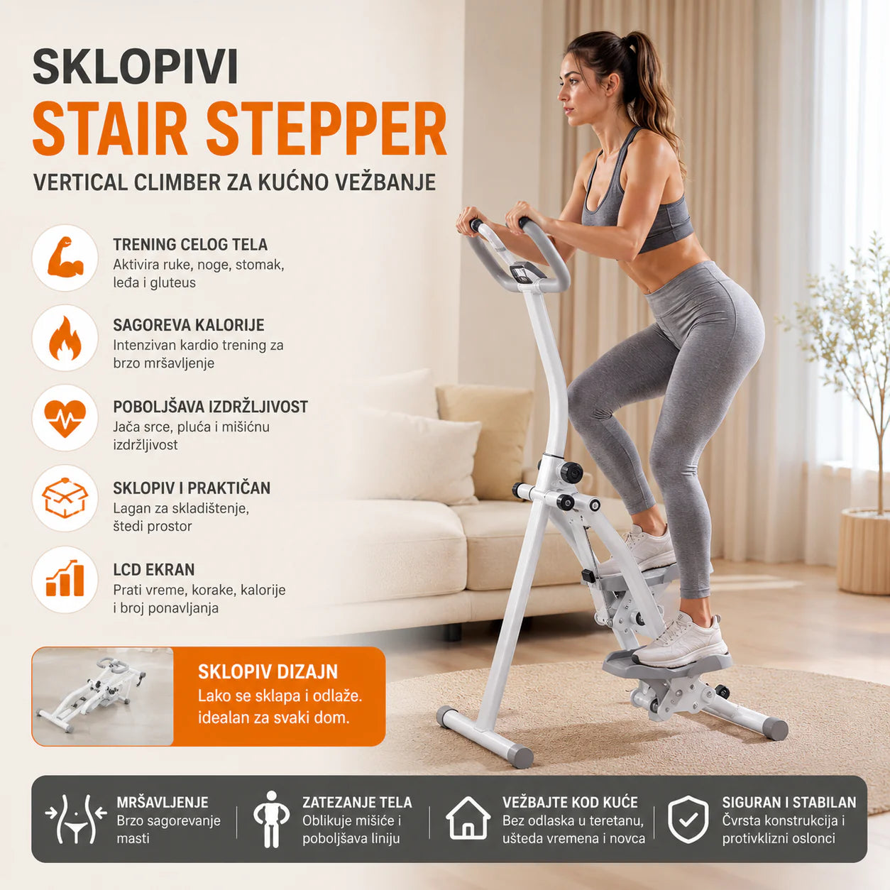 Sklopiva Fitness Sprava za Kućni Trening – Stair Stepper Vertical Climber za Noge, Stomak i Kardio