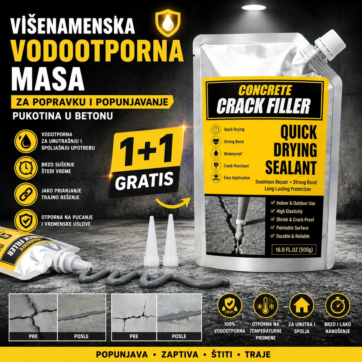 Višenamenski vodootporni zaptivač za popravku pukotina u betonu – Crack Filler 1+1 Gratis